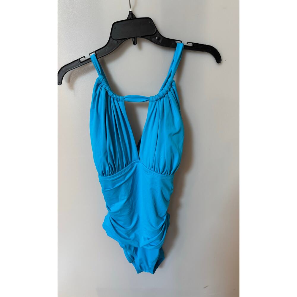 LA BLANCA Island Goddess High Neck Keyhole One Piece blue size 16 NWOT - Picture 4 of 6